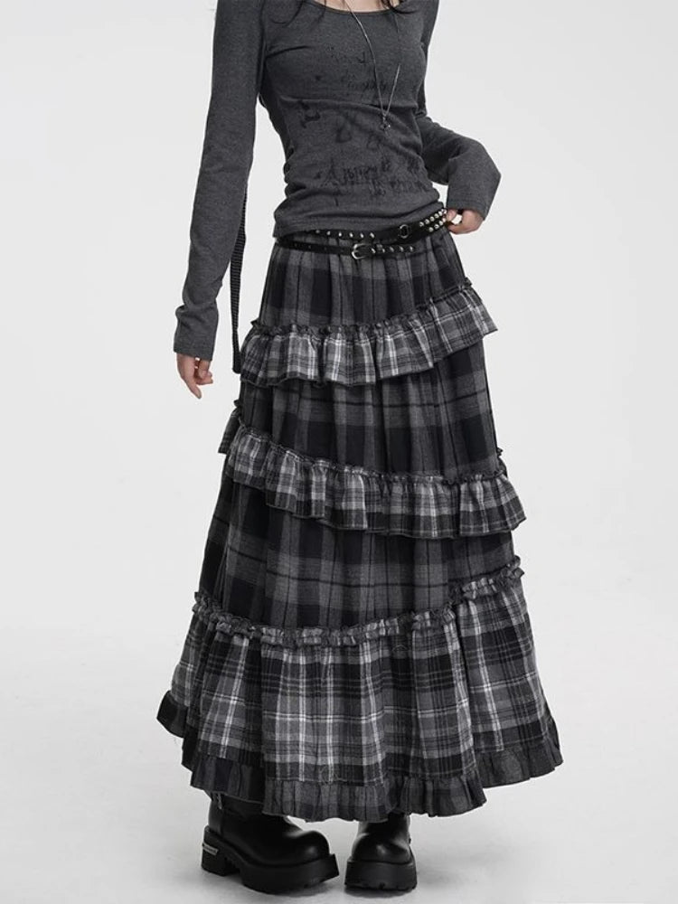 Vintage Long Plaid Ruffles Patchwork Casual Loose Skirt