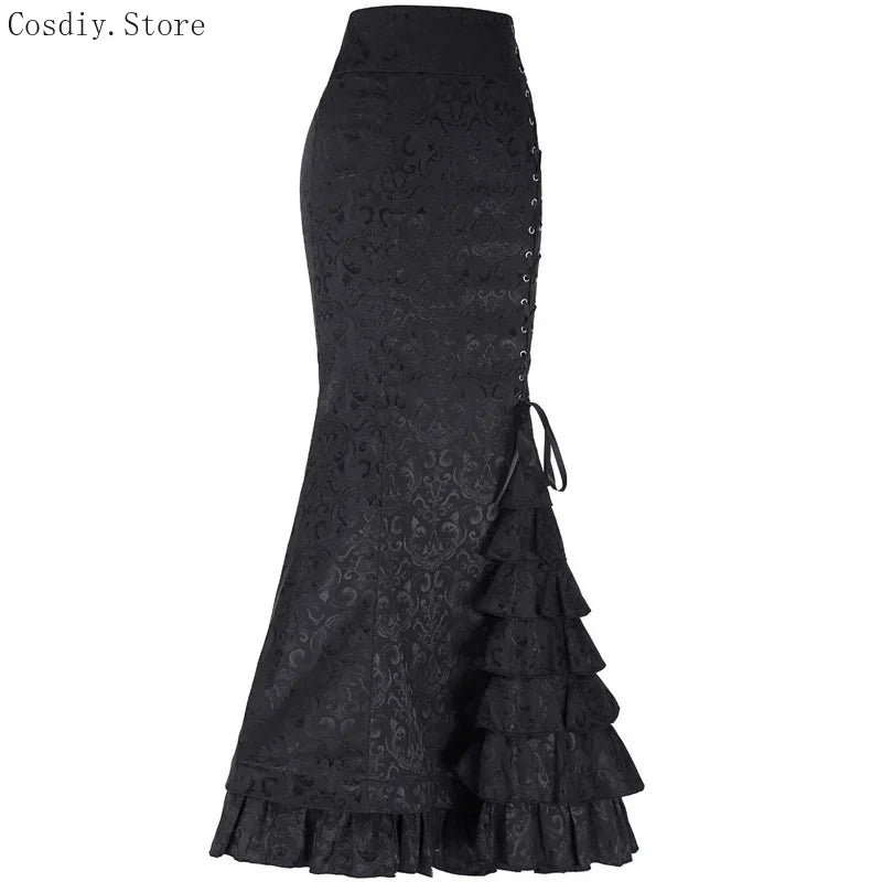 Jacquard Mermaid Bodycon Skirt Vintage Maxi Floor Women Lace Up Ruffle Skirt Elegant Long Floral Fishtail