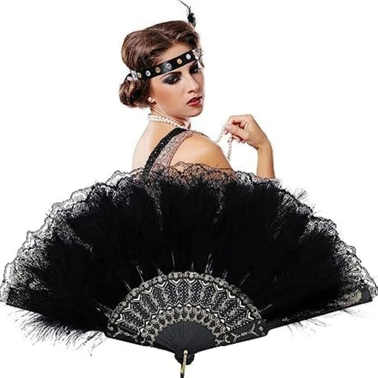 Black feather fan lace retro  1920s dance performance