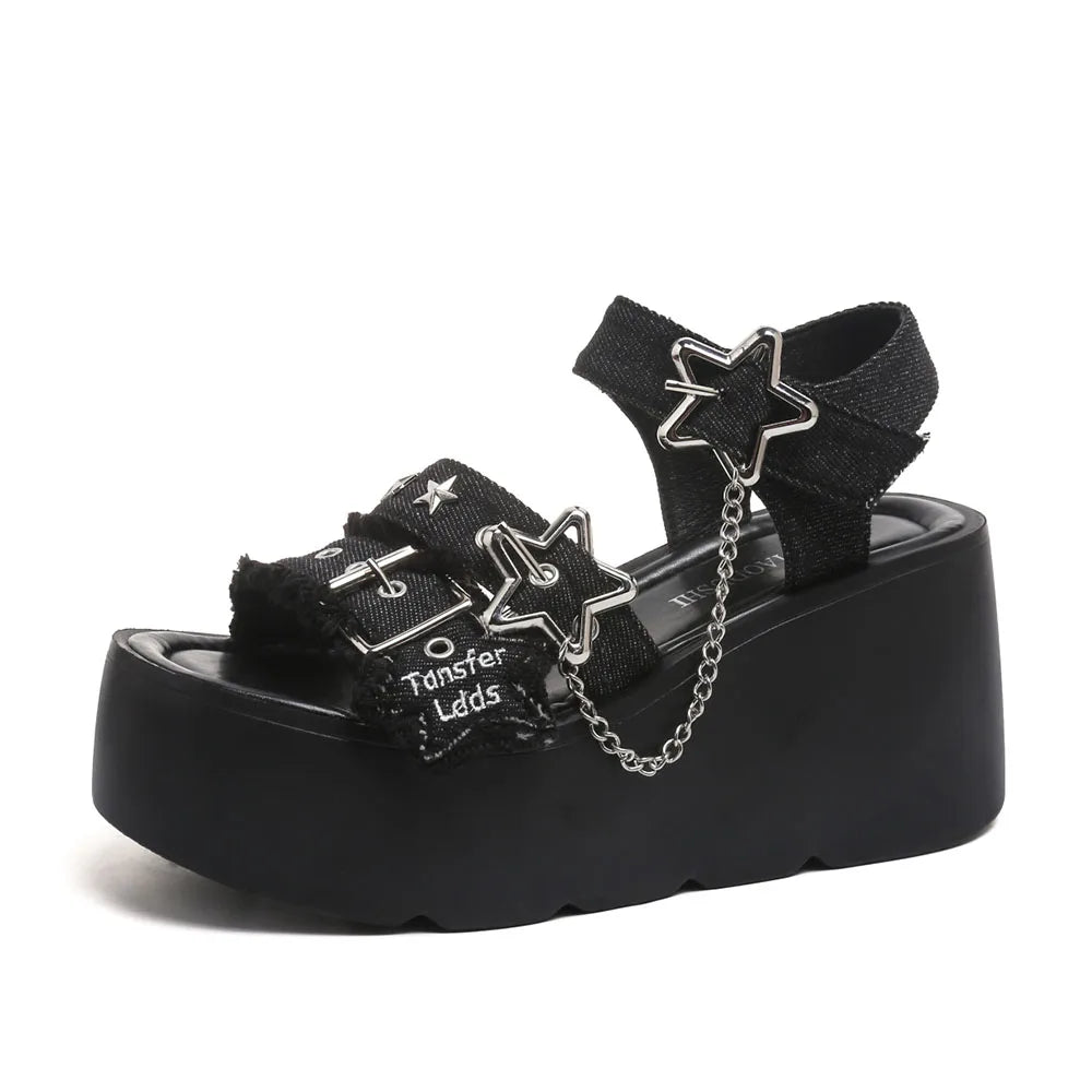 Gothic Chunky Platform Wedges Sandals Slides with Chain