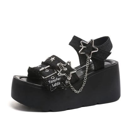 Gothic Chunky Platform Wedges Sandals Slides with Chain