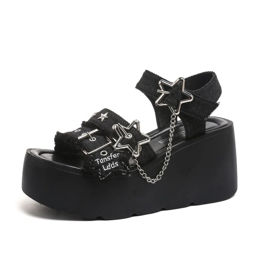 Gothic Chunky Platform Wedges Sandals Slides with Chain