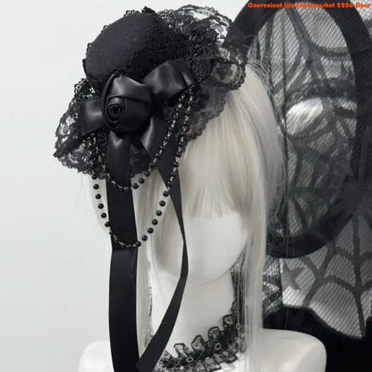 Bead Chain Lace Headpiece Gothic Top Hat