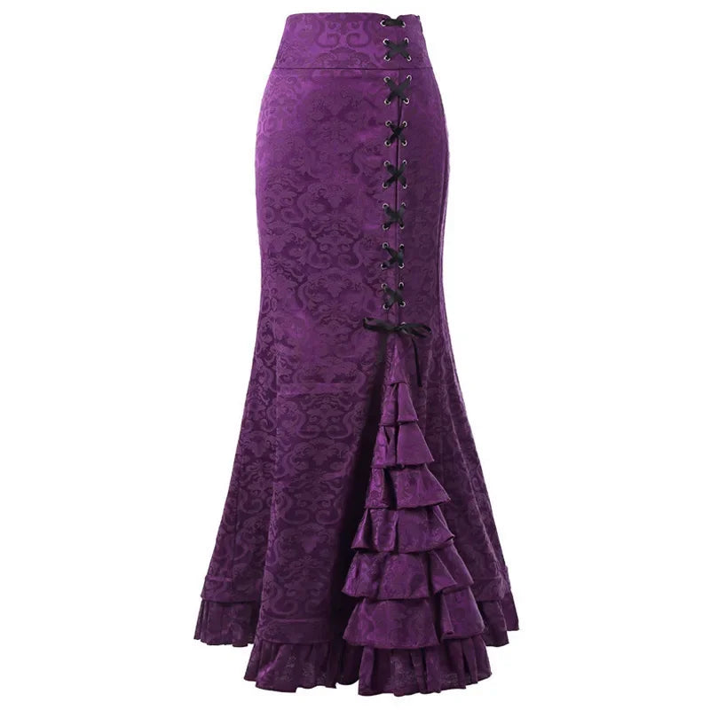 Jacquard Mermaid Bodycon Skirt Vintage Maxi Floor Women Lace Up Ruffle Skirt Elegant Long Floral Fishtail