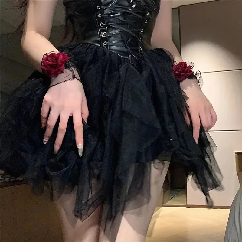 Ruffle Lace Red Rose Wristbands Charm Bracelets Flower Mesh Hand Wristbands