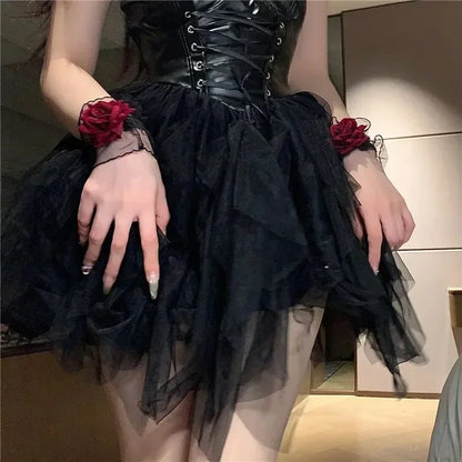 Ruffle Lace Red Rose Wristbands Charm Bracelets Flower Mesh Hand Wristbands