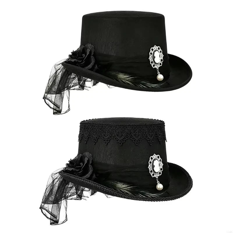 Gothic Black Lace Top Hat Vintage Pearl Elegant Victorian Steampunk