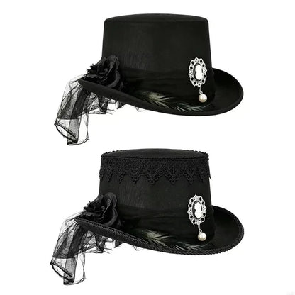 Gothic Black Lace Top Hat Vintage Pearl Elegant Victorian Steampunk