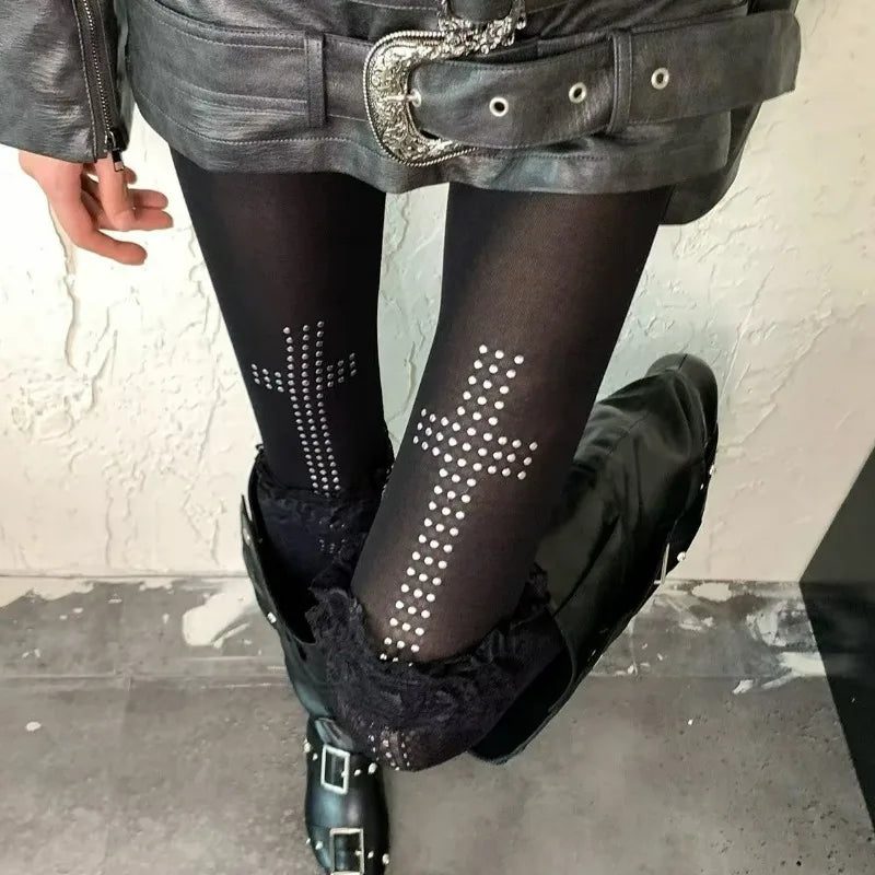 Rhinestone Cross Tights Pants Pantyhose