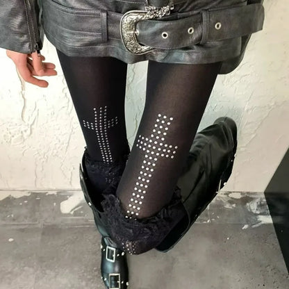 Rhinestone Cross Tights Pants Pantyhose
