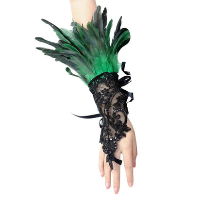 Lace Faux Feather Long Glove Gothic Mesh Embroidery Mitten