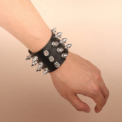 Punk Bracelet Goth Black Leather Wristband with Metal Spike Studded Cuff Bangle Adjustable