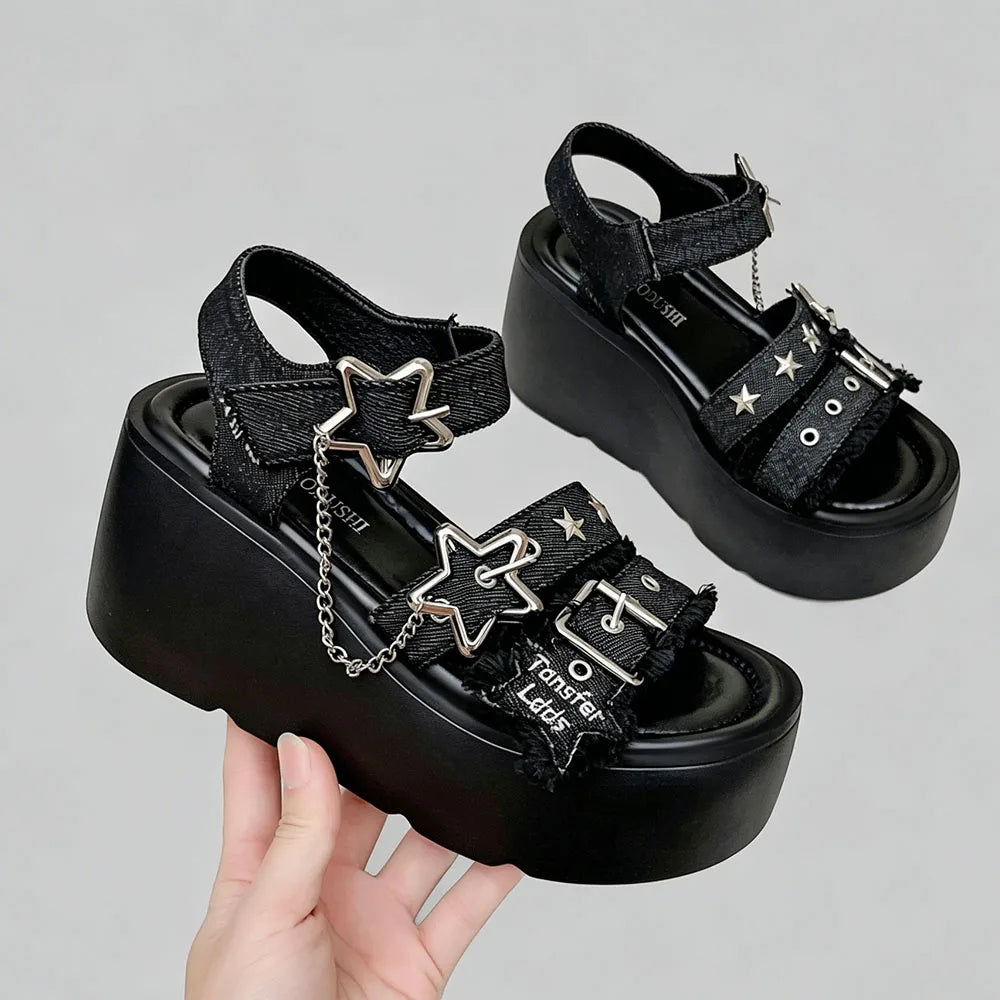 Gothic Chunky Platform Wedges Sandals Slides with Chain