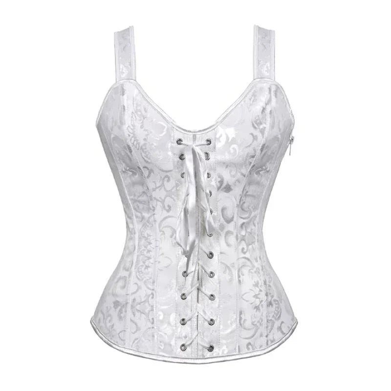 Sexy Women Corset with Straps Black Overbust Floral Jacquard Corsets Zipper Bustier