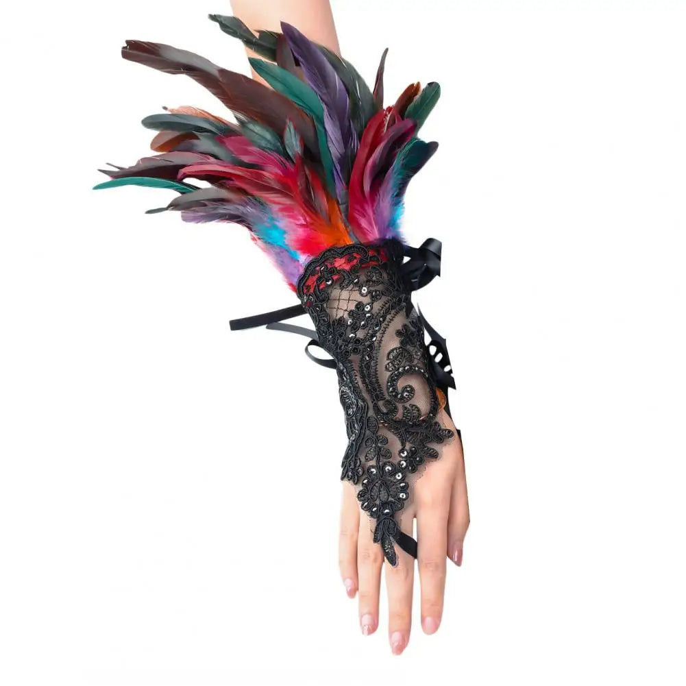 Lace Faux Feather Long Glove Gothic Mesh Embroidery Mitten