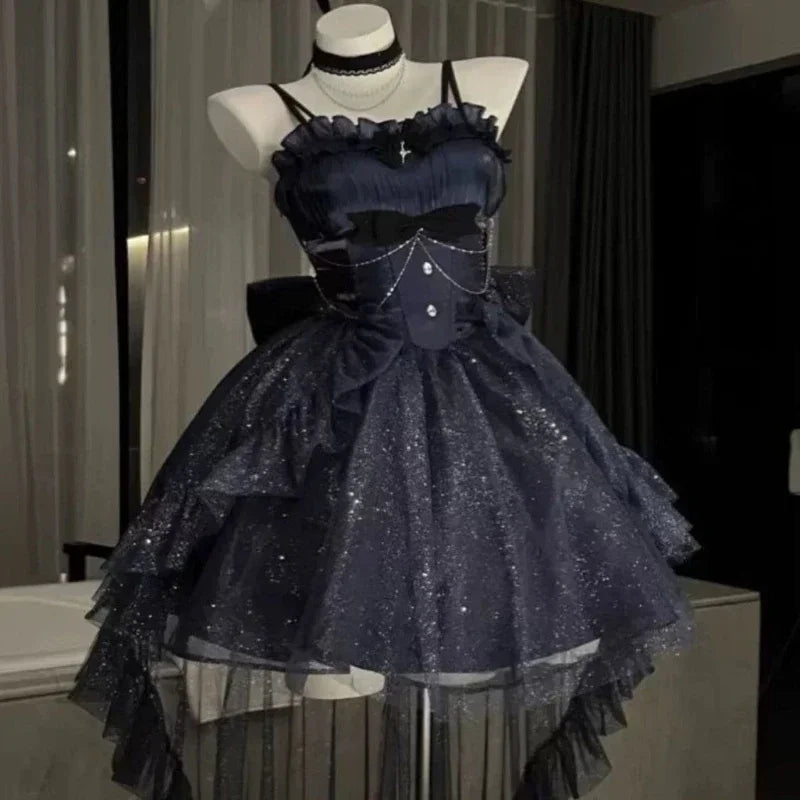 Sling Retro Tulle Ruffles Trim Dress