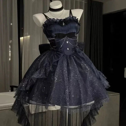 Sling Retro Tulle Ruffles Trim Dress
