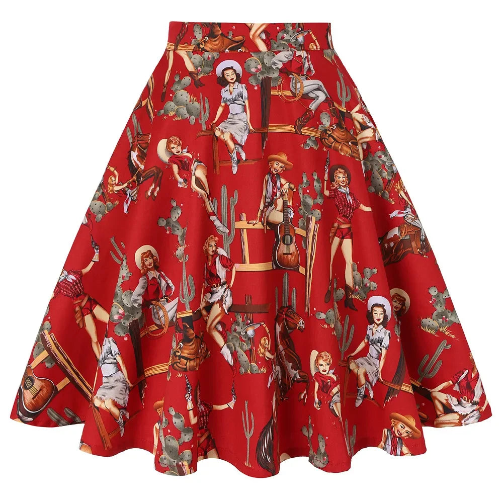 Small Red Polka Dot Midi Summer Pin Up High Waist Retro Vintage Rockabilly 50s Women Skirt