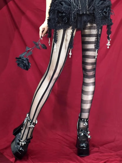 Vintage Gothic Pantyhose Uniform Striped Asymmetric Fishnet Tights