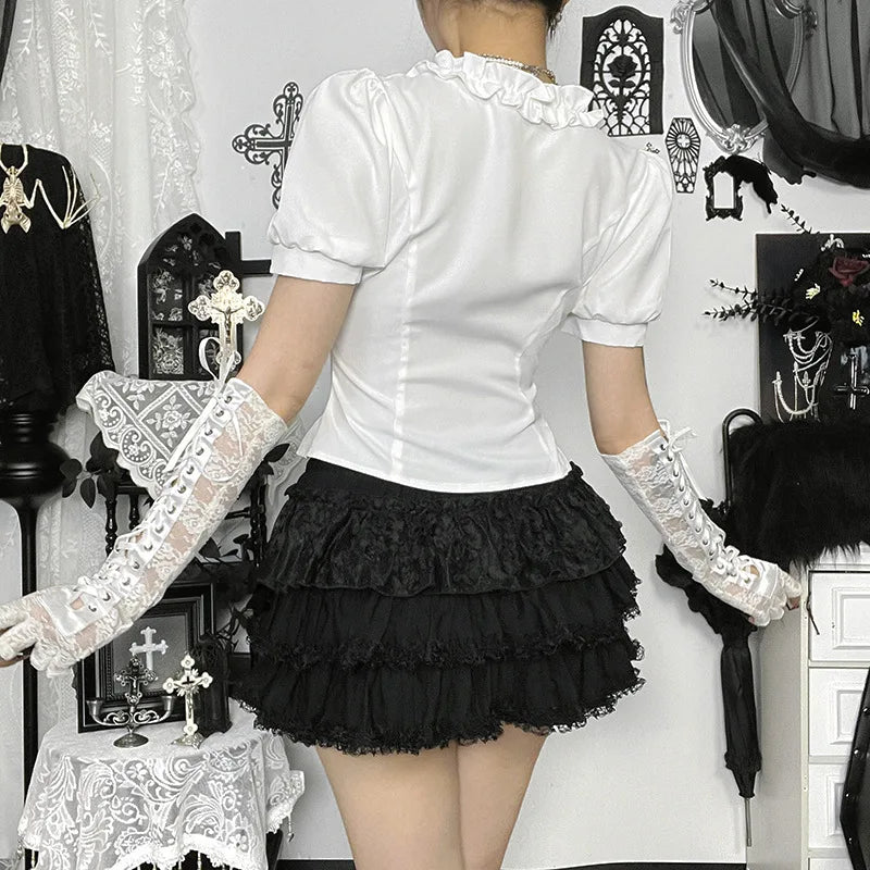 Goth Dark White Elegant U-neck Short Sleeve Shirt Blouse Ruffles Button Tops Office Shirts