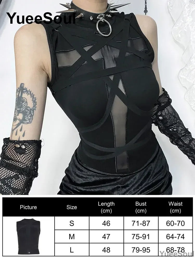 Gothic Lace Mesh Crop Spaghetti Strap Tops