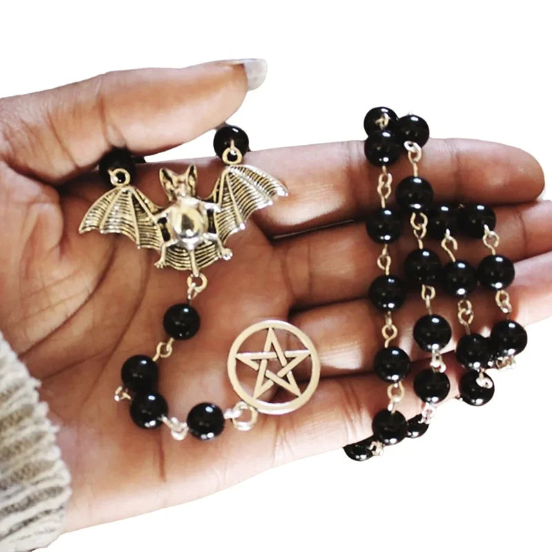 Artificial Pearl Bead Long Sweater Chain Vintage Bat and Pentacle Pendant Necklace