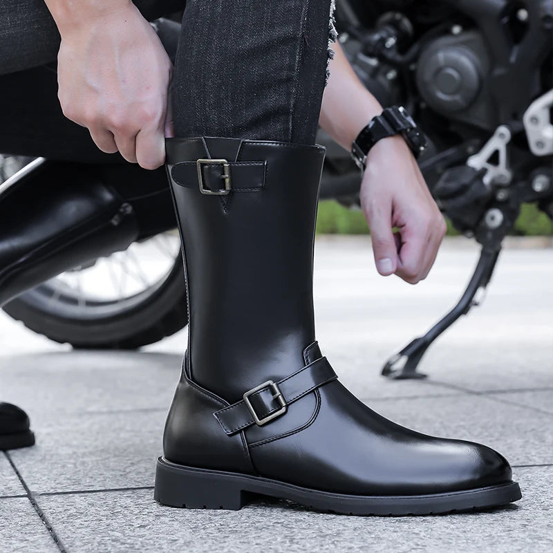 Leather Motorcycle Boots Mid-calf Gothic Belt Rivet Boots