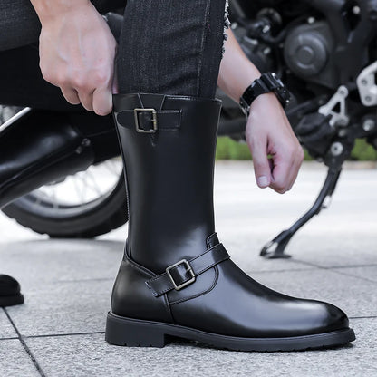 Leather Motorcycle Boots Mid-calf Gothic Belt Rivet Boots