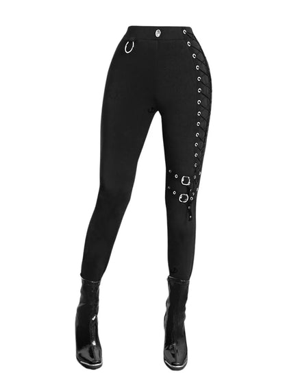 Grommet Buckle Lace Up Elastic Waist Skinny Pants