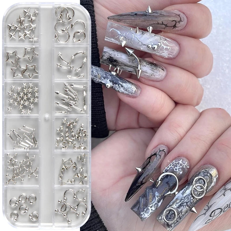 12 Grids Goth Punk Nail Charms Studs Piercing Designs Metallic Silvery Nails Art Rivets 3D Stars Alloy Nail Art Decorations