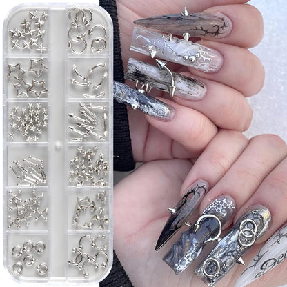 12 Grids Goth Punk Nail Charms Studs Piercing Designs Metallic Silvery Nails Art Rivets 3D Stars Alloy Nail Art Decorations