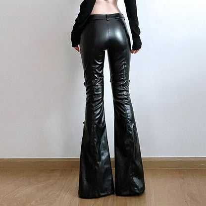 PU Leather Flare Pants, Gothic Buckle, Lace Patchwork