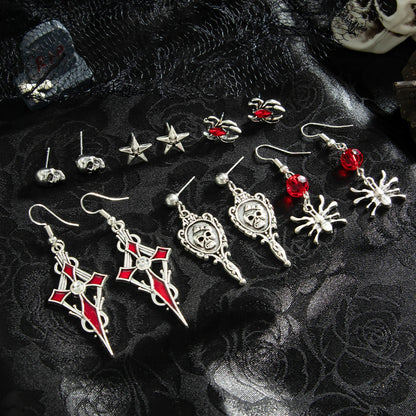 6Pairs/Set Halloween Red Crystal Skull Spider Metal Drop Earrings for Women Goth Cross Rose Piercing Earrings Jewelry
