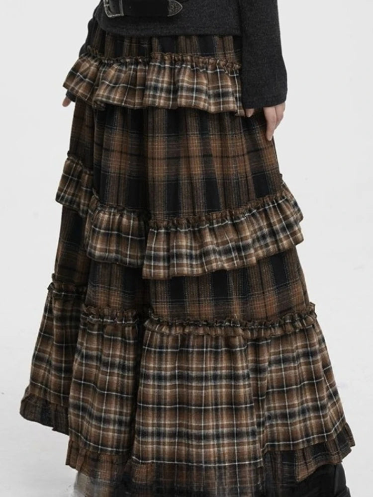 Vintage Long Plaid Ruffles Patchwork Casual Loose Skirt