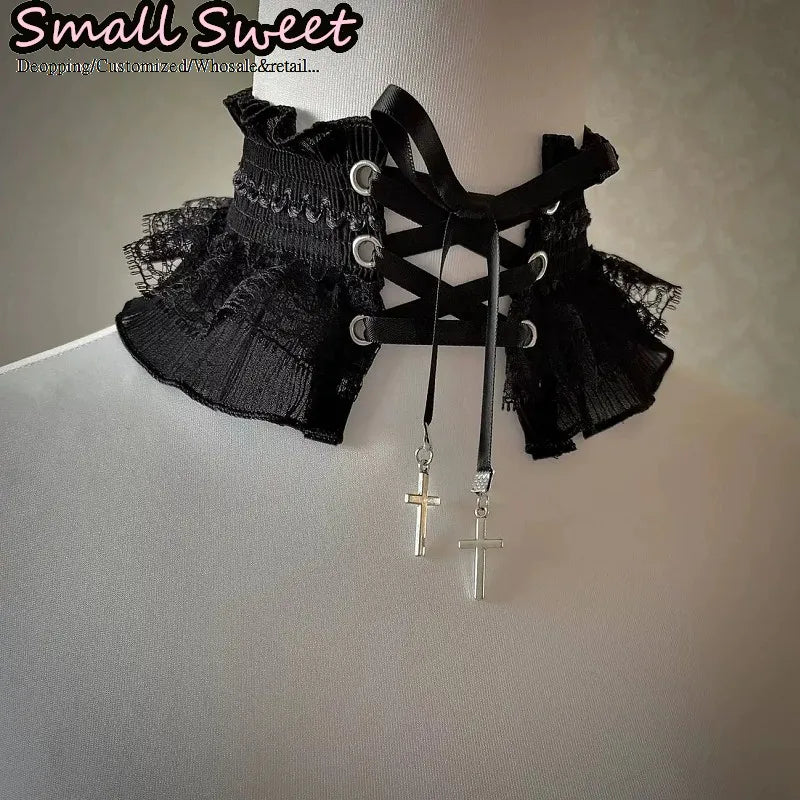Lace Ruffle Elastic Tie With Metal Cross Pendant Collar