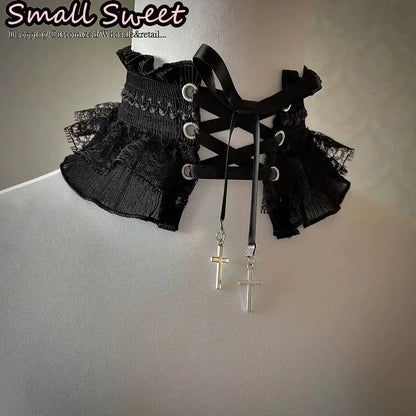 Lace Ruffle Elastic Tie With Metal Cross Pendant Collar