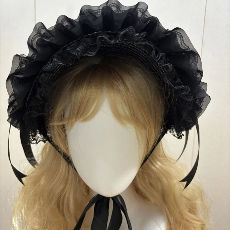 Straw Bonnet Hat With Lace Trim Bowknot