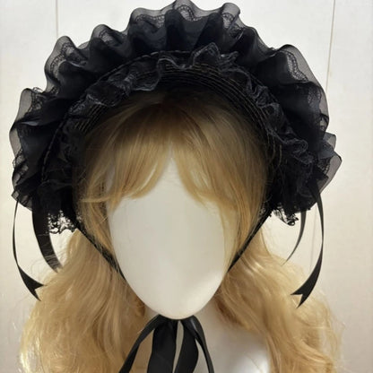 Straw Bonnet Hat With Lace Trim Bowknot