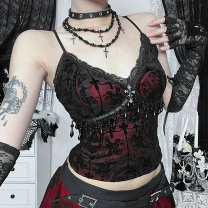 Vintage Camisole Lace Patchwork Beading Crop Tank Tops
