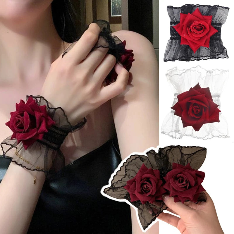 Ruffle Lace Red Rose Wristbands Charm Bracelets Flower Mesh Hand Wristbands