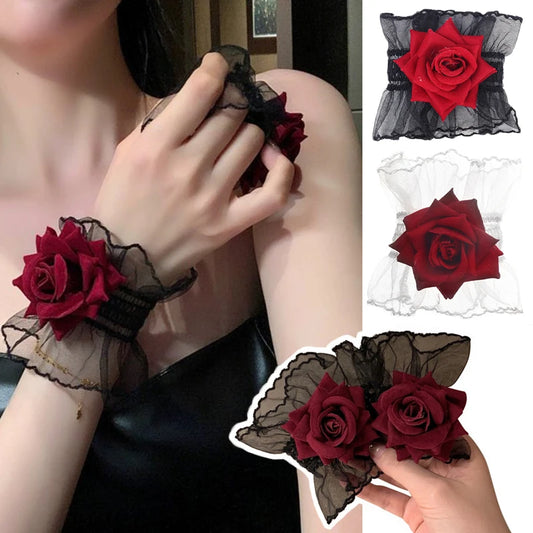 Ruffle Lace Red Rose Wristbands Charm Bracelets Flower Mesh Hand Wristbands