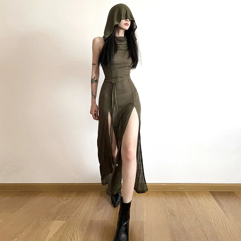 Cyber Hooded Desert Walker Split-Side Huntress Dress
