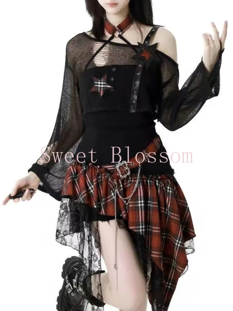 Gothic 2 Piece Set  Black Blouse + Chic Irregular Dress Vintage Suit