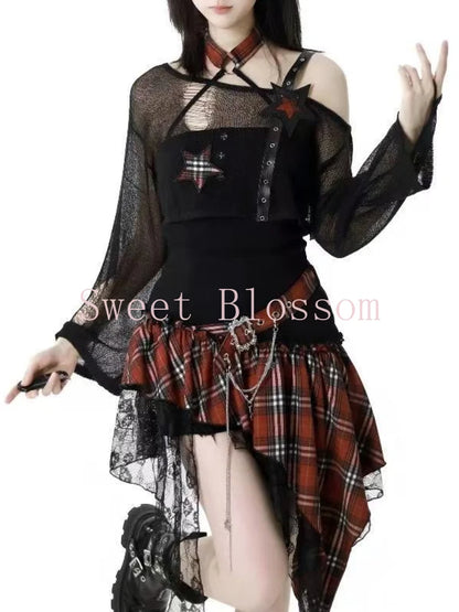 Gothic 2 Piece Set  Black Blouse + Chic Irregular Dress Vintage Suit