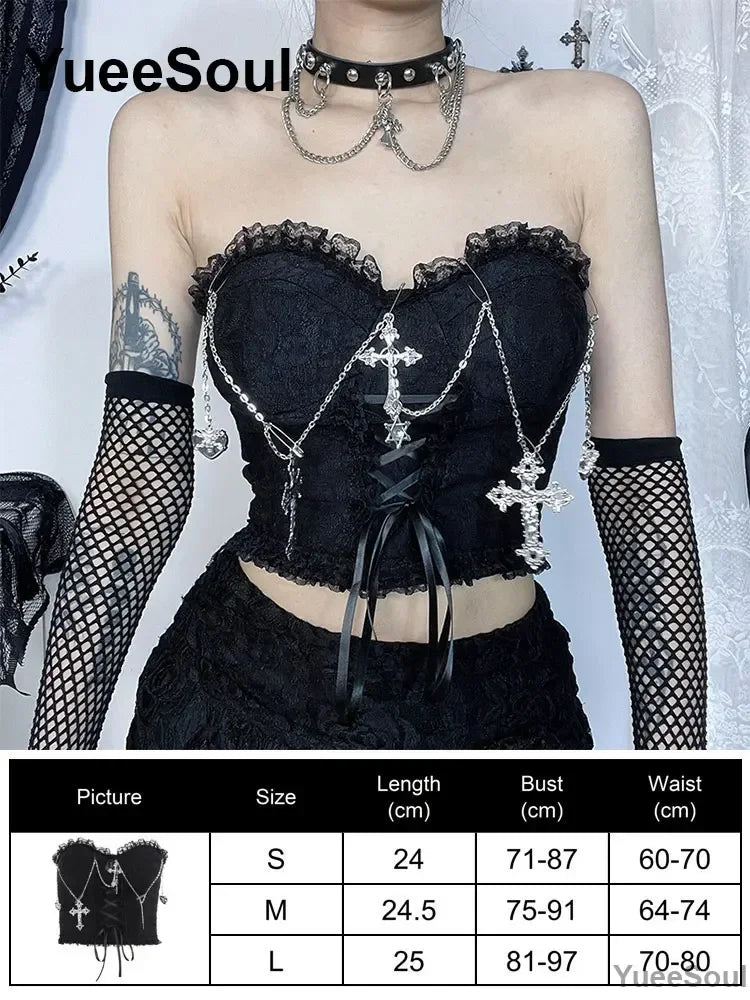 Gothic Lace Mesh Crop Spaghetti Strap Tops