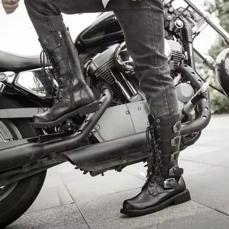 Men's Leather Motorcycle Boots Mid-calf Boots Gothic Belt