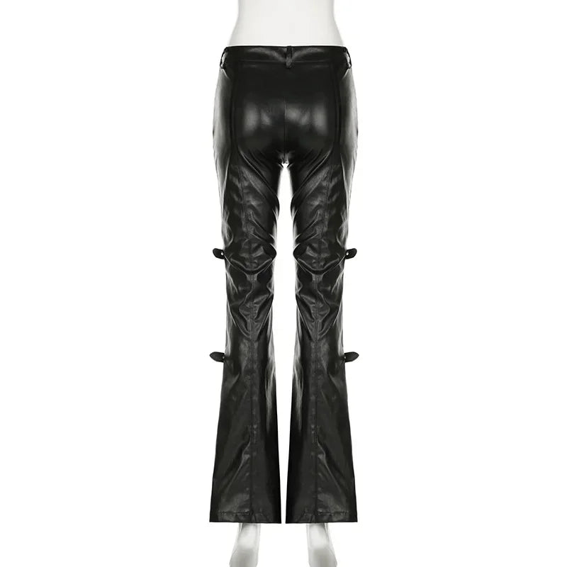 PU Leather Flare Pants, Gothic Buckle, Lace Patchwork
