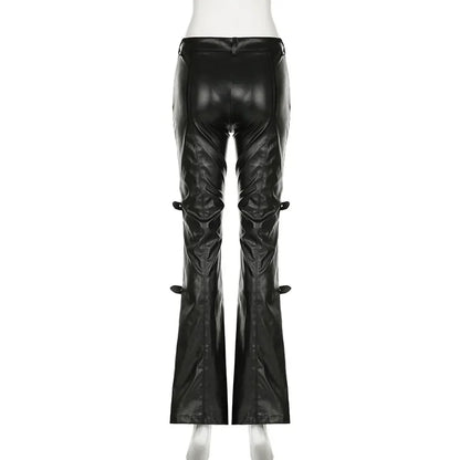 PU Leather Flare Pants, Gothic Buckle, Lace Patchwork