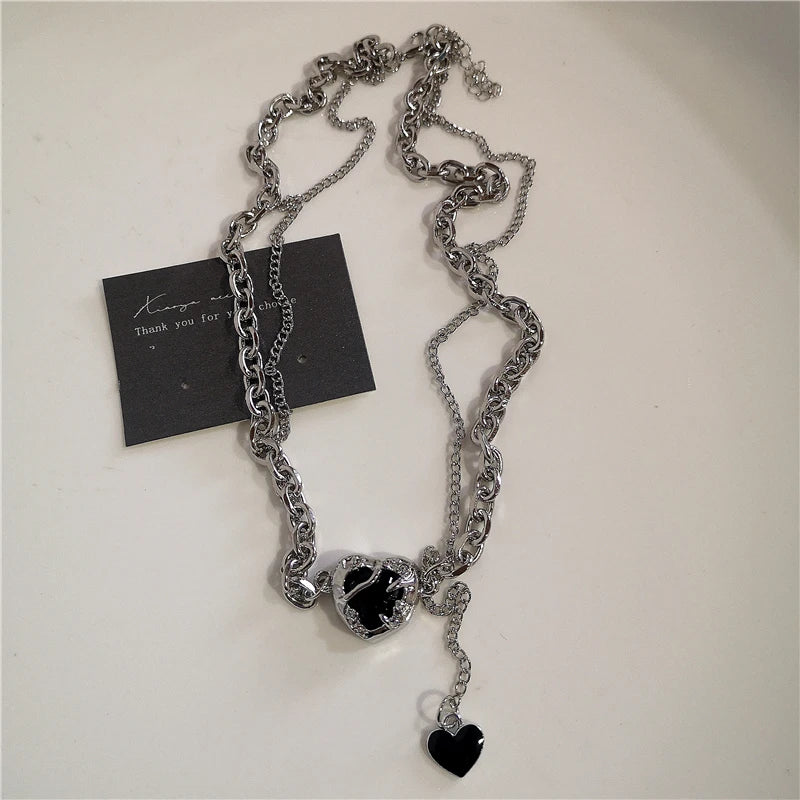 Punk Rock Black Heart Cross Pendant Chain Necklace Goth Accessories
