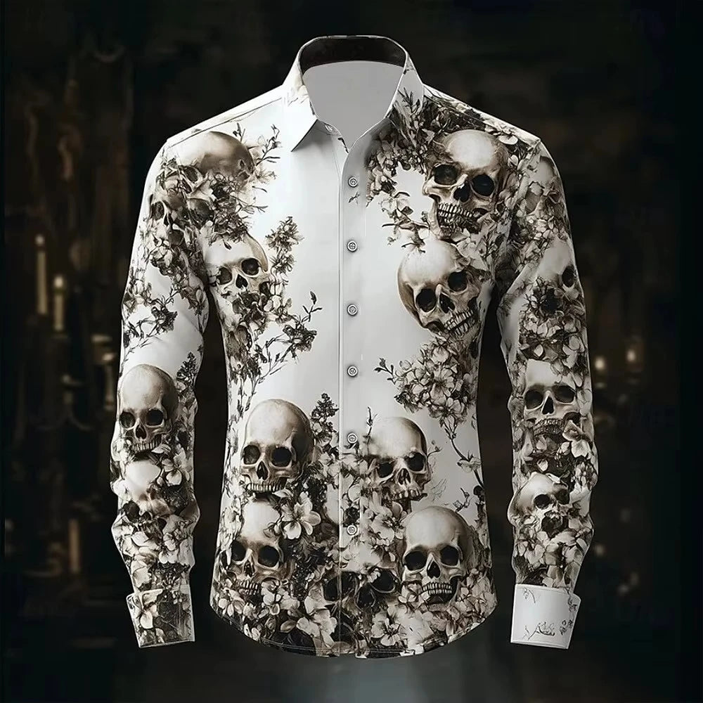 Skull Print Long Sleeve Graphic Shirt Loose Fit
